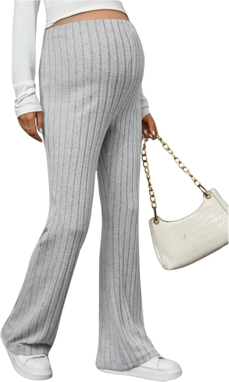 Women's Maternity Casual Adjustable High Waist Solid Flare Leg Ribbed Knit Pants Trousers