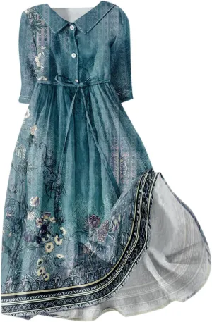 Women's Midi Dresses 2025 Summer Loose Trendy 3/4 Sleeve Button Vintage Floral Printed Boho Sun Dress Plus Size, S-3XL