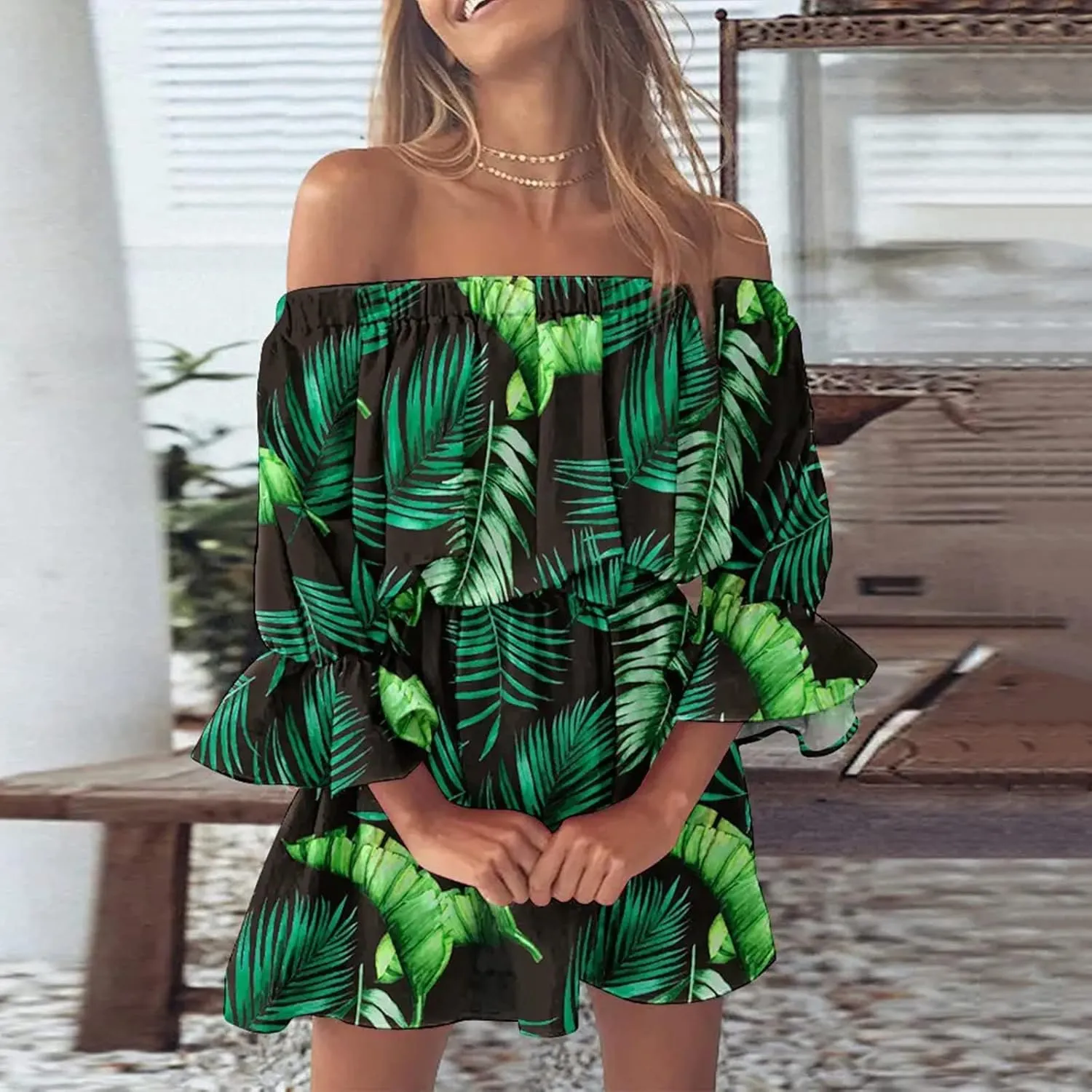 Womens Off Shoulder Summer Dresses Ruffle Floral 3/4 Sleeve Swing Mini Dress Elastic Waist A-Line Wedding Guest Dresses