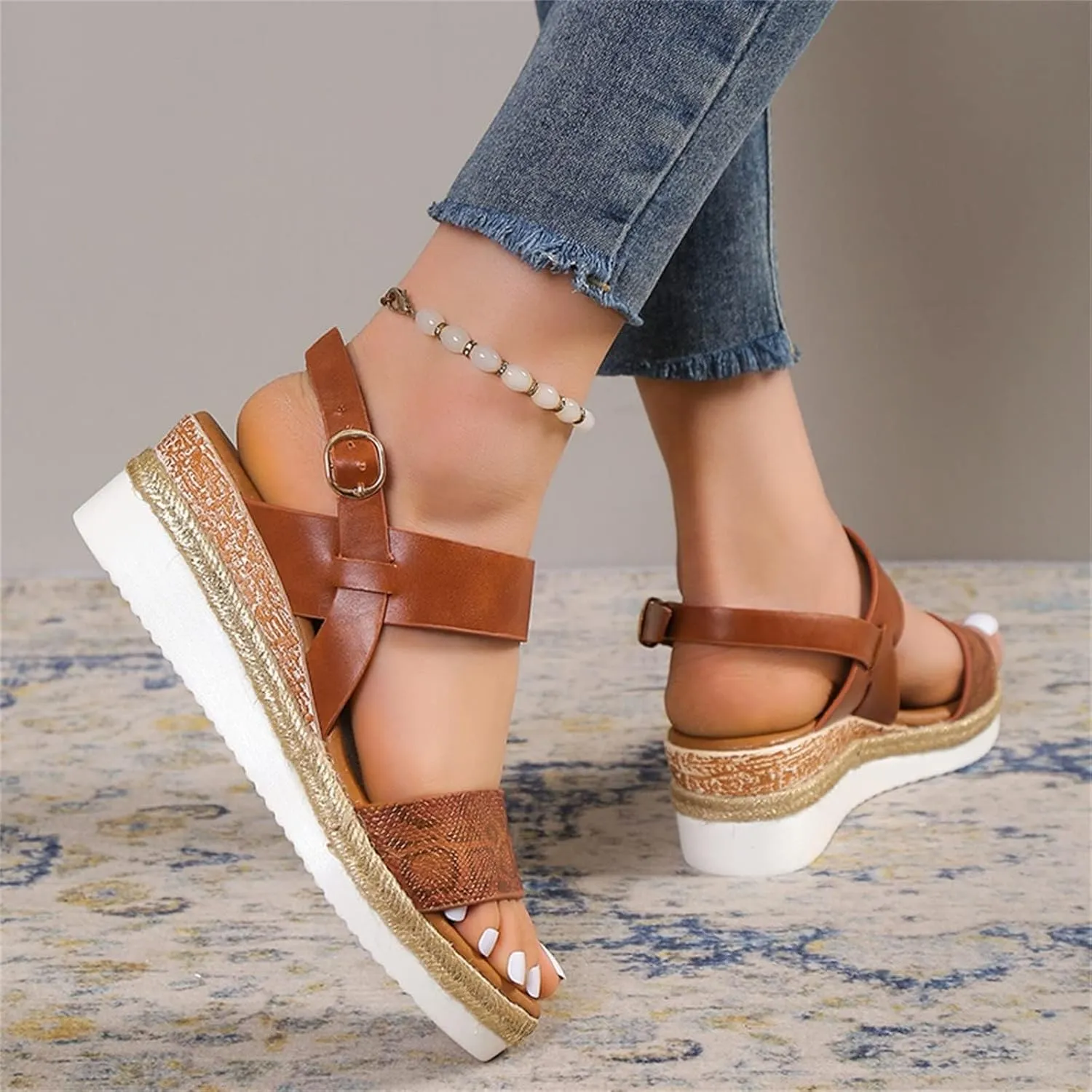 Womens Open Toe Wedge Sandals Orthopedic Slip On Sandals Ankle Strap Espadrille Buckle Wide Wedge Sandal Summer Beach Casual Dressy Beach Shoes