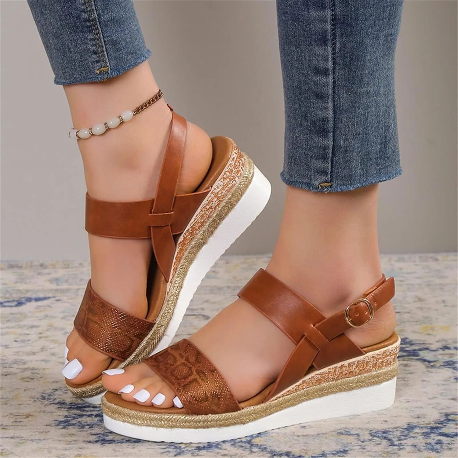 Womens Open Toe Wedge Sandals Orthopedic Slip On Sandals Ankle Strap Espadrille Buckle Wide Wedge Sandal Summer Beach Casual Dressy Beach Shoes