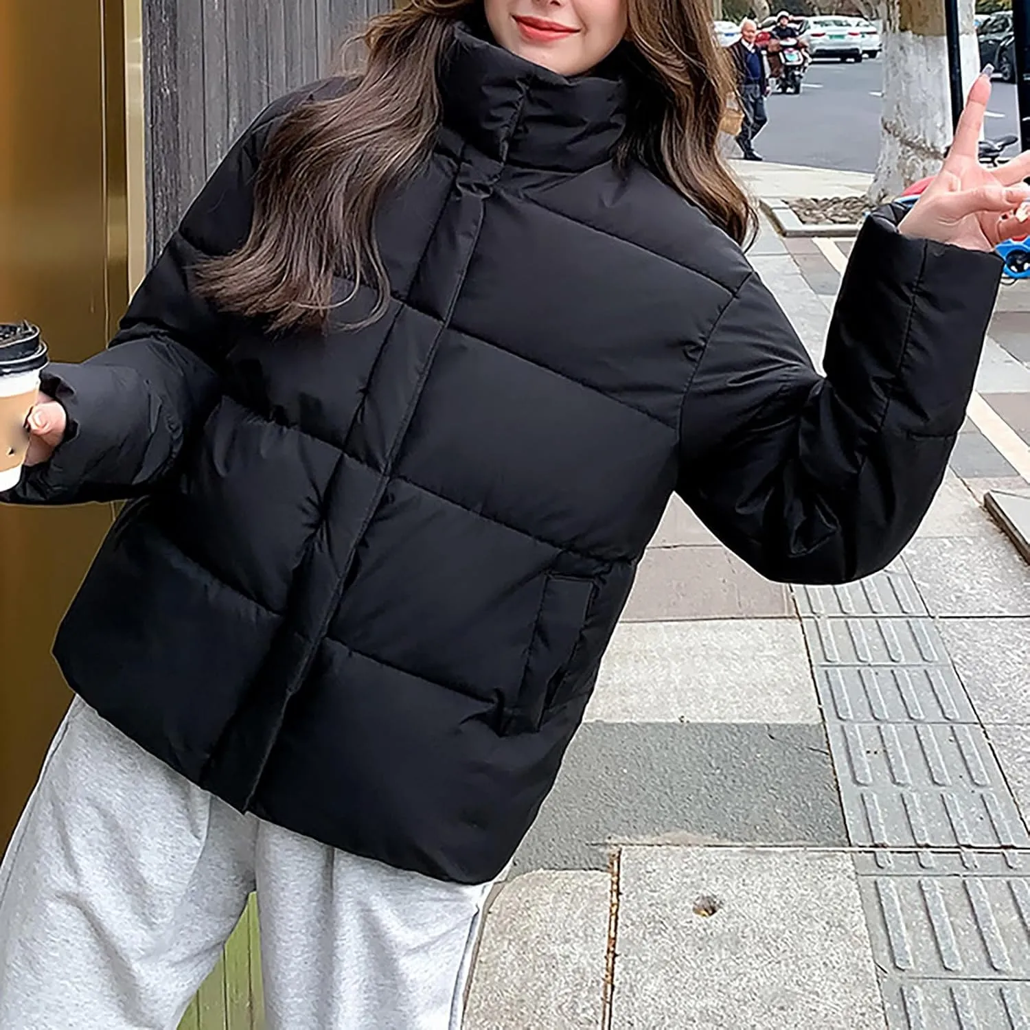Womens Padded Puffer Coats 2023 Winter Warm Zipper Quilted Jacket Casual Solid Loose Fit Fluffy Down Coat with Pockets