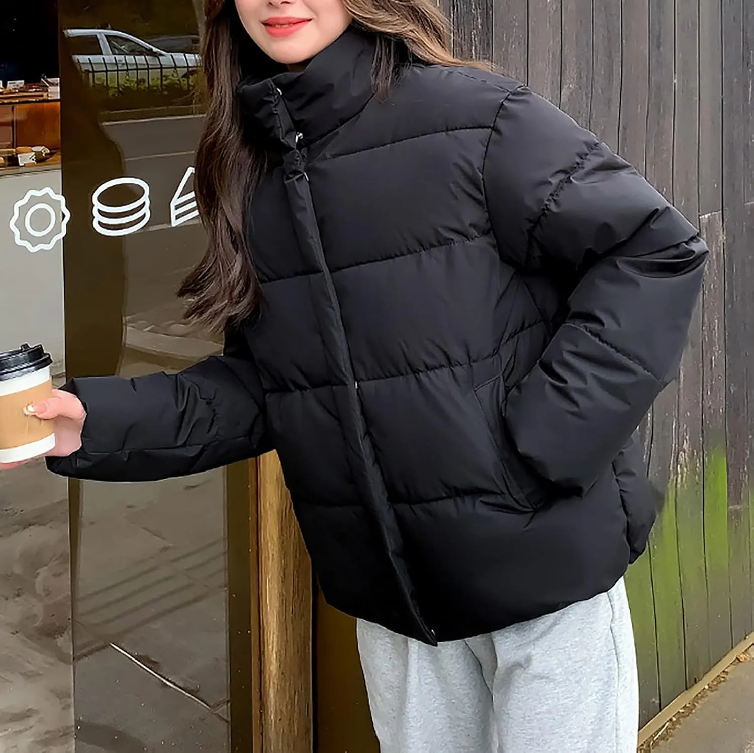 Womens Padded Puffer Coats 2023 Winter Warm Zipper Quilted Jacket Casual Solid Loose Fit Fluffy Down Coat with Pockets