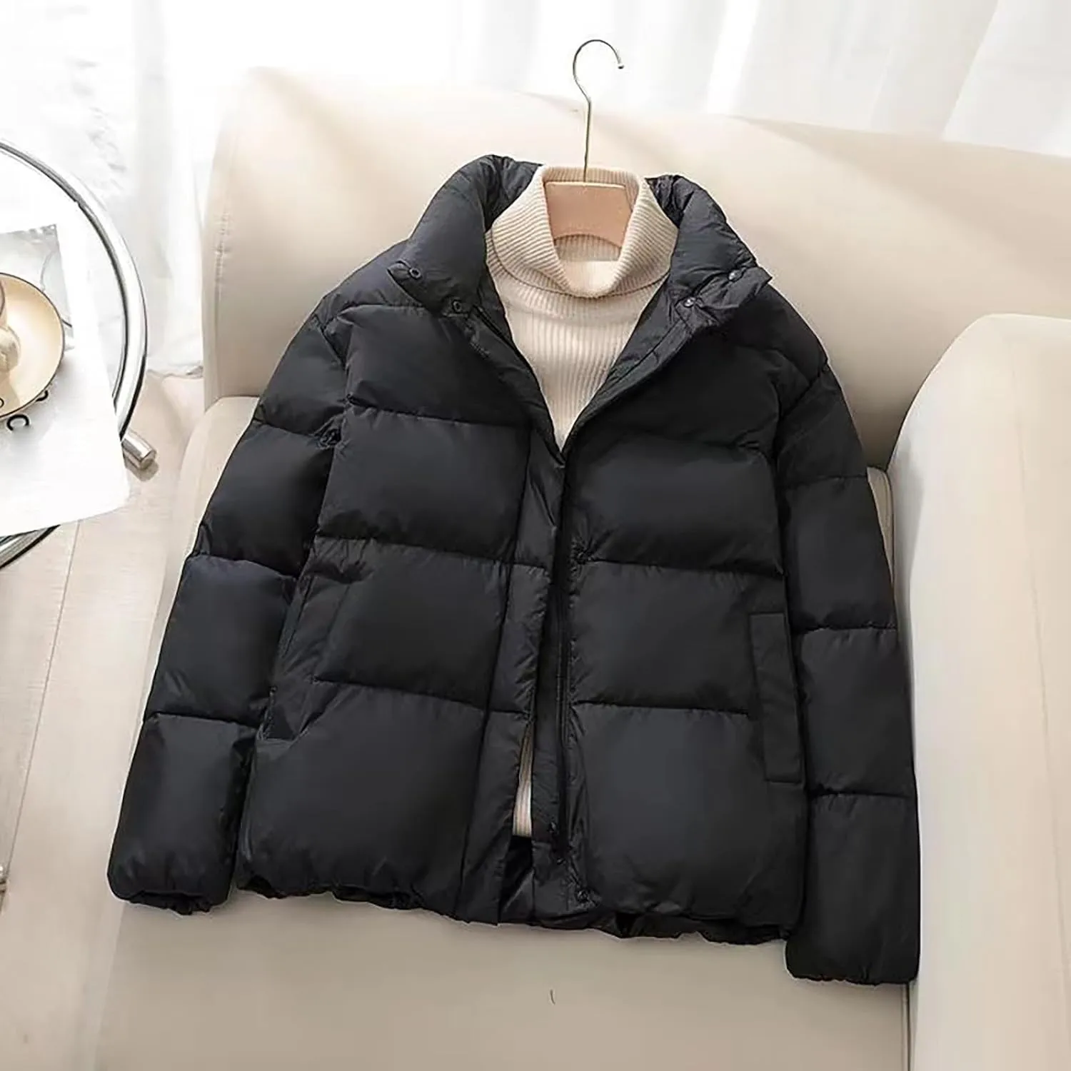Womens Padded Puffer Coats 2023 Winter Warm Zipper Quilted Jacket Casual Solid Loose Fit Fluffy Down Coat with Pockets