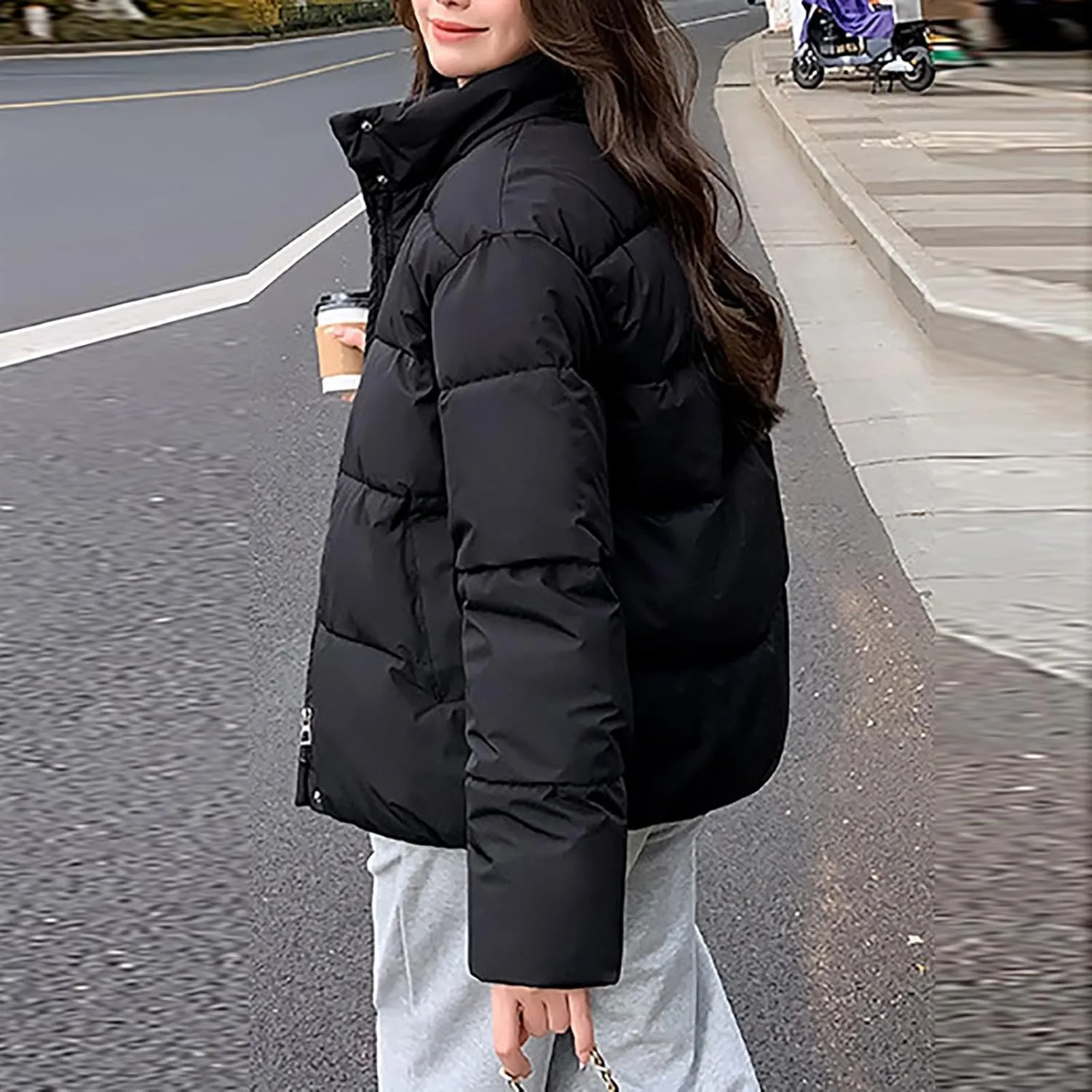 Womens Padded Puffer Coats 2023 Winter Warm Zipper Quilted Jacket Casual Solid Loose Fit Fluffy Down Coat with Pockets