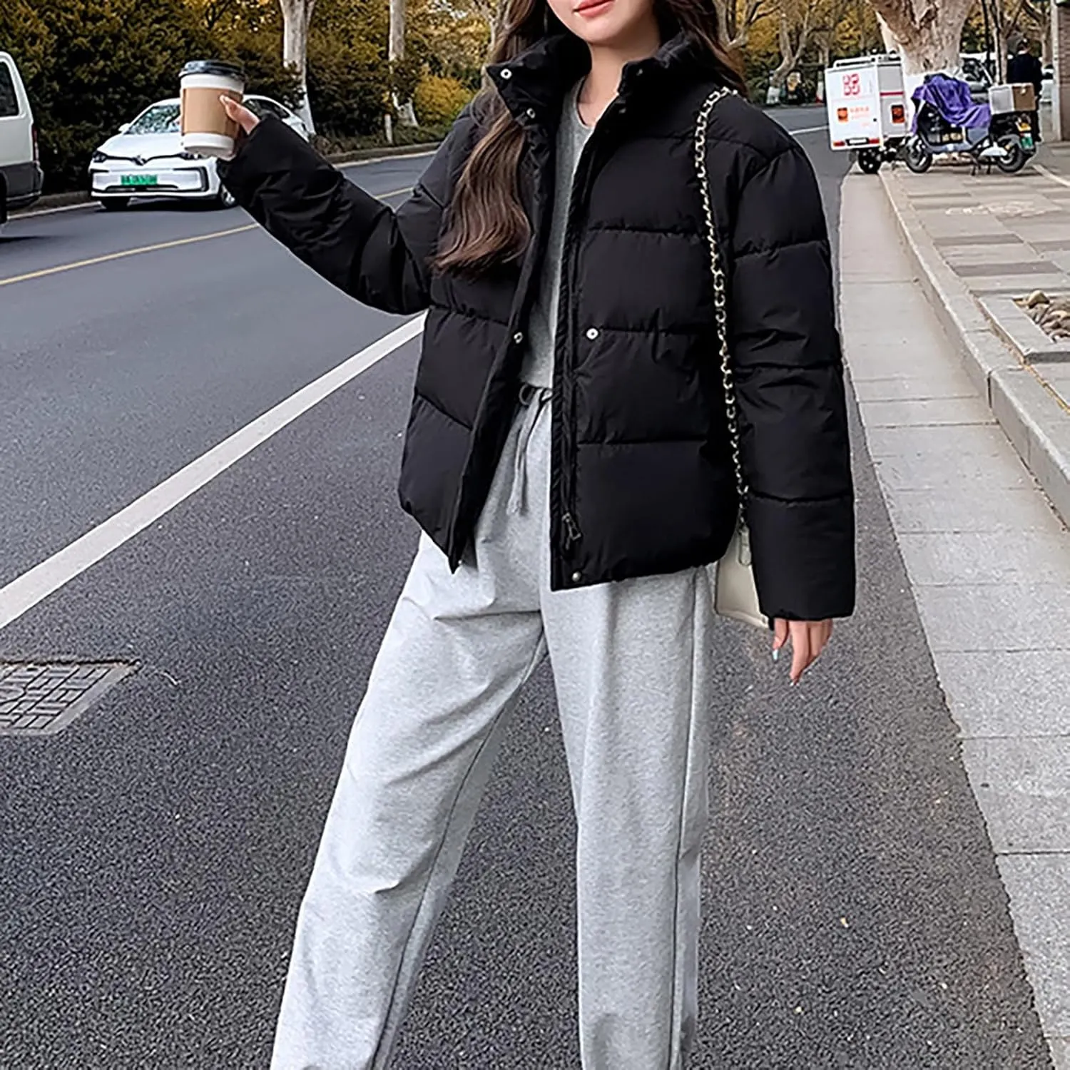 Womens Padded Puffer Coats 2023 Winter Warm Zipper Quilted Jacket Casual Solid Loose Fit Fluffy Down Coat with Pockets