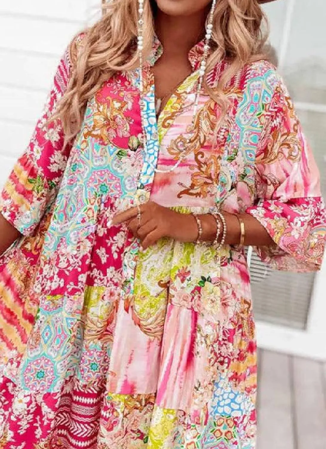 Women's Pink Bohemian Printed Mini Dress 2025 Summer Casual V-Neck Trumpet Sleeve Flowing Beach Party Holiday Dress