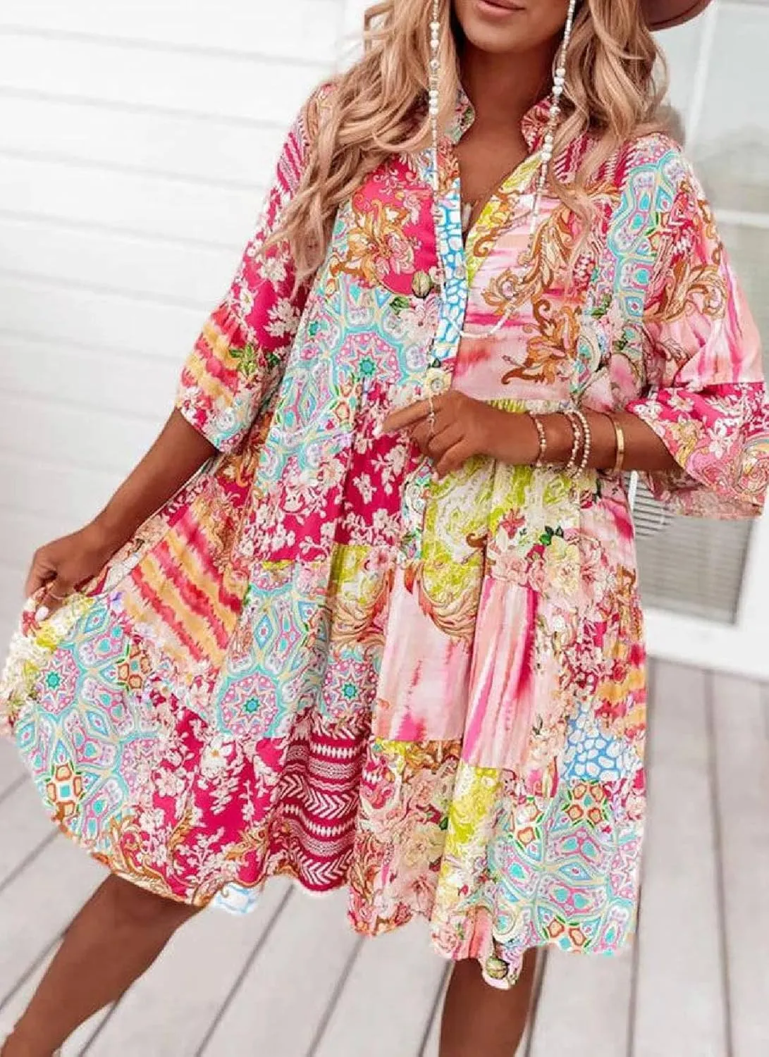 Women's Pink Bohemian Printed Mini Dress 2025 Summer Casual V-Neck Trumpet Sleeve Flowing Beach Party Holiday Dress