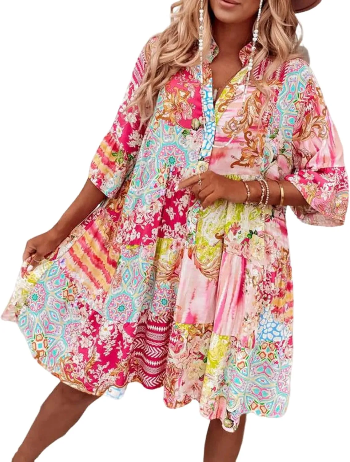 Women's Pink Bohemian Printed Mini Dress 2025 Summer Casual V-Neck Trumpet Sleeve Flowing Beach Party Holiday Dress