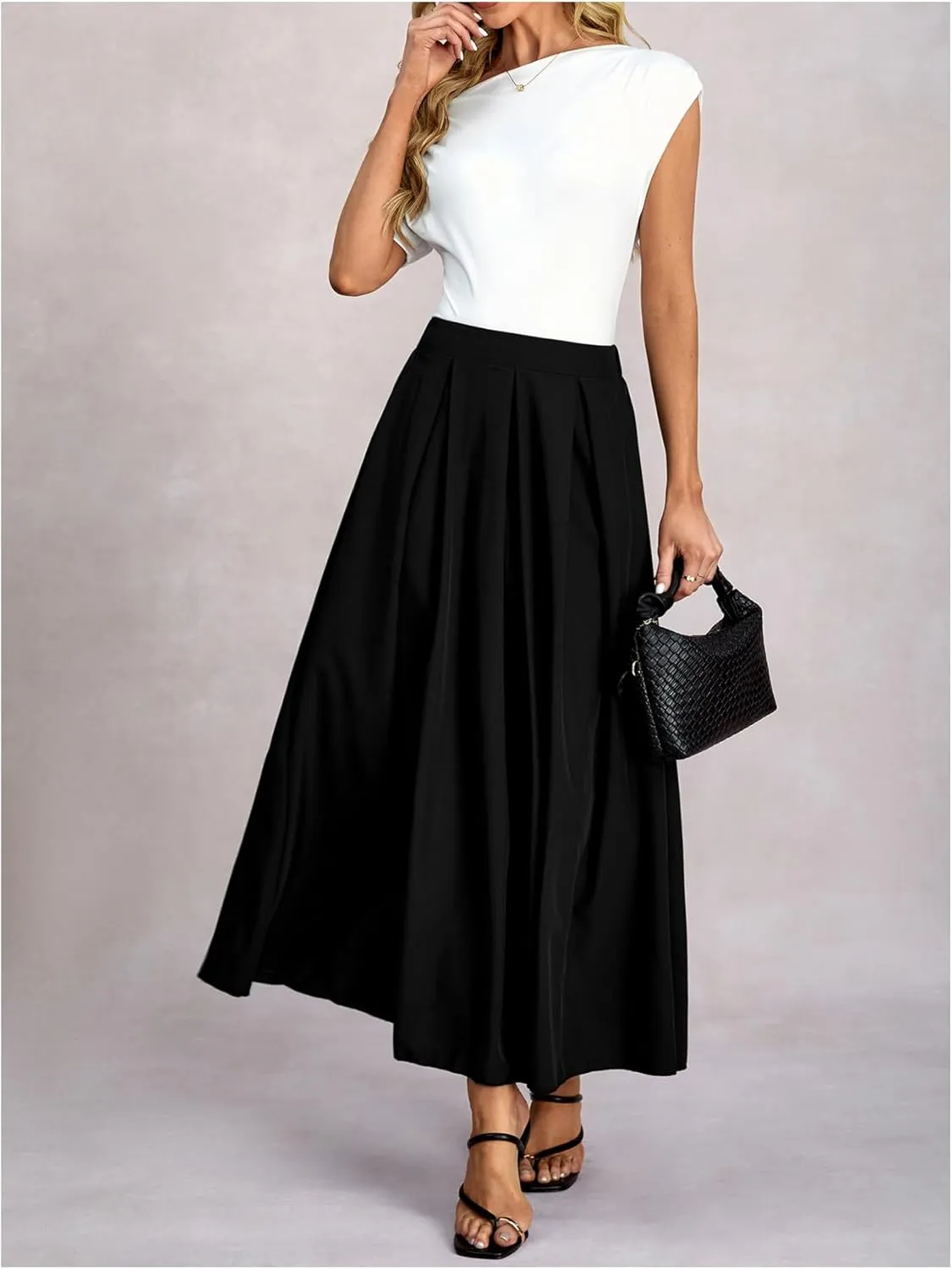 Women's Pleated Maxi Skirt High Waisted A Line Work Business Casual Dress Skirts