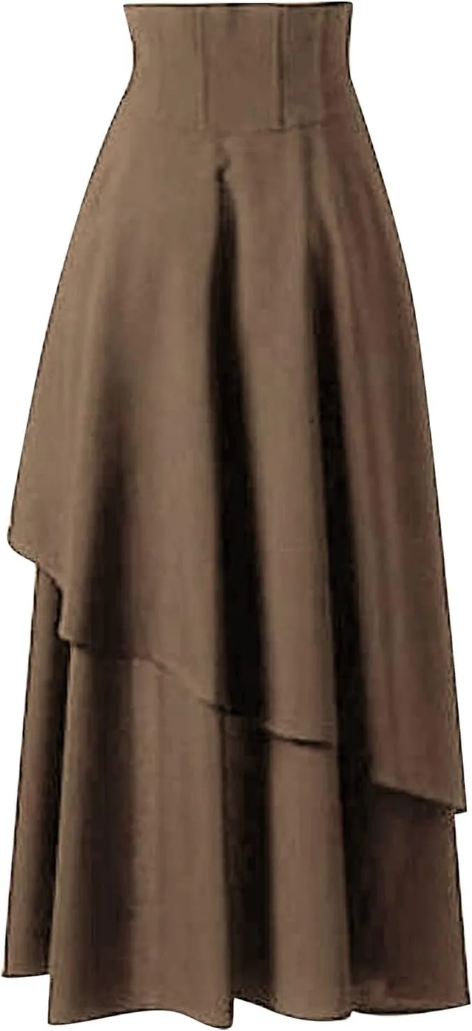 Women's Punk Gothic Skirt High Waist Pleated Skirt Lace A-Line Skater Skirt Vintage Black Leather Maxi (Khaki, XXL)