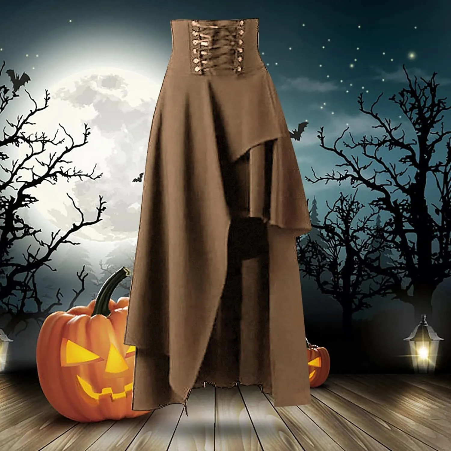 Women's Punk Gothic Skirt High Waist Pleated Skirt Lace A-Line Skater Skirt Vintage Black Leather Maxi (Khaki, XXL)