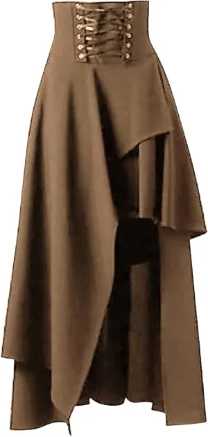 Women's Punk Gothic Skirt High Waist Pleated Skirt Lace A-Line Skater Skirt Vintage Black Leather Maxi (Khaki, XXL)