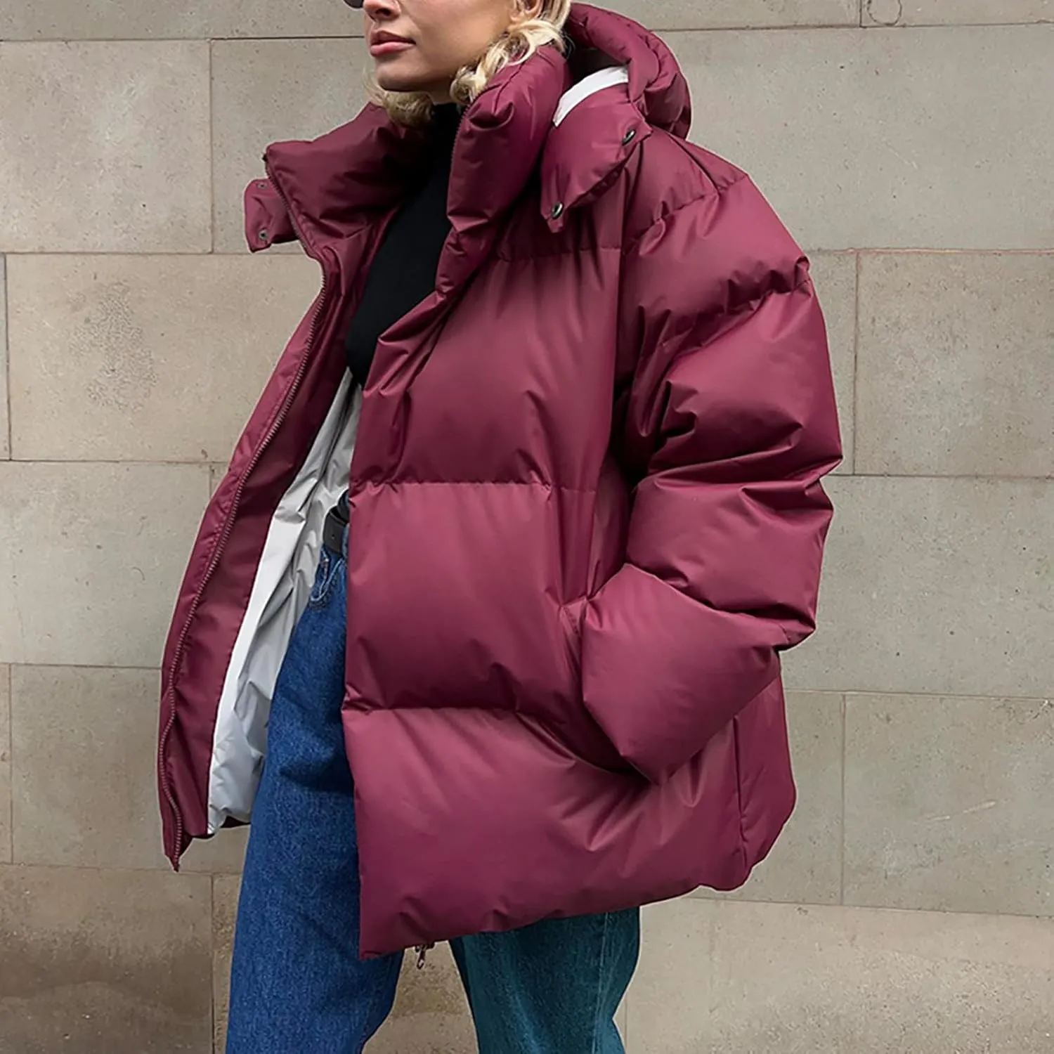 Womens Quilted Puffer Coat Hoodie Winter Oversized Mid-Length Padded Down Jacket Warm Heavyweight Bubble Outerwear