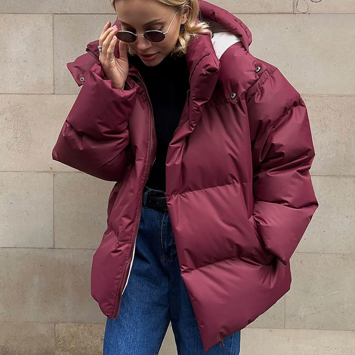 Womens Quilted Puffer Coat Hoodie Winter Oversized Mid-Length Padded Down Jacket Warm Heavyweight Bubble Outerwear