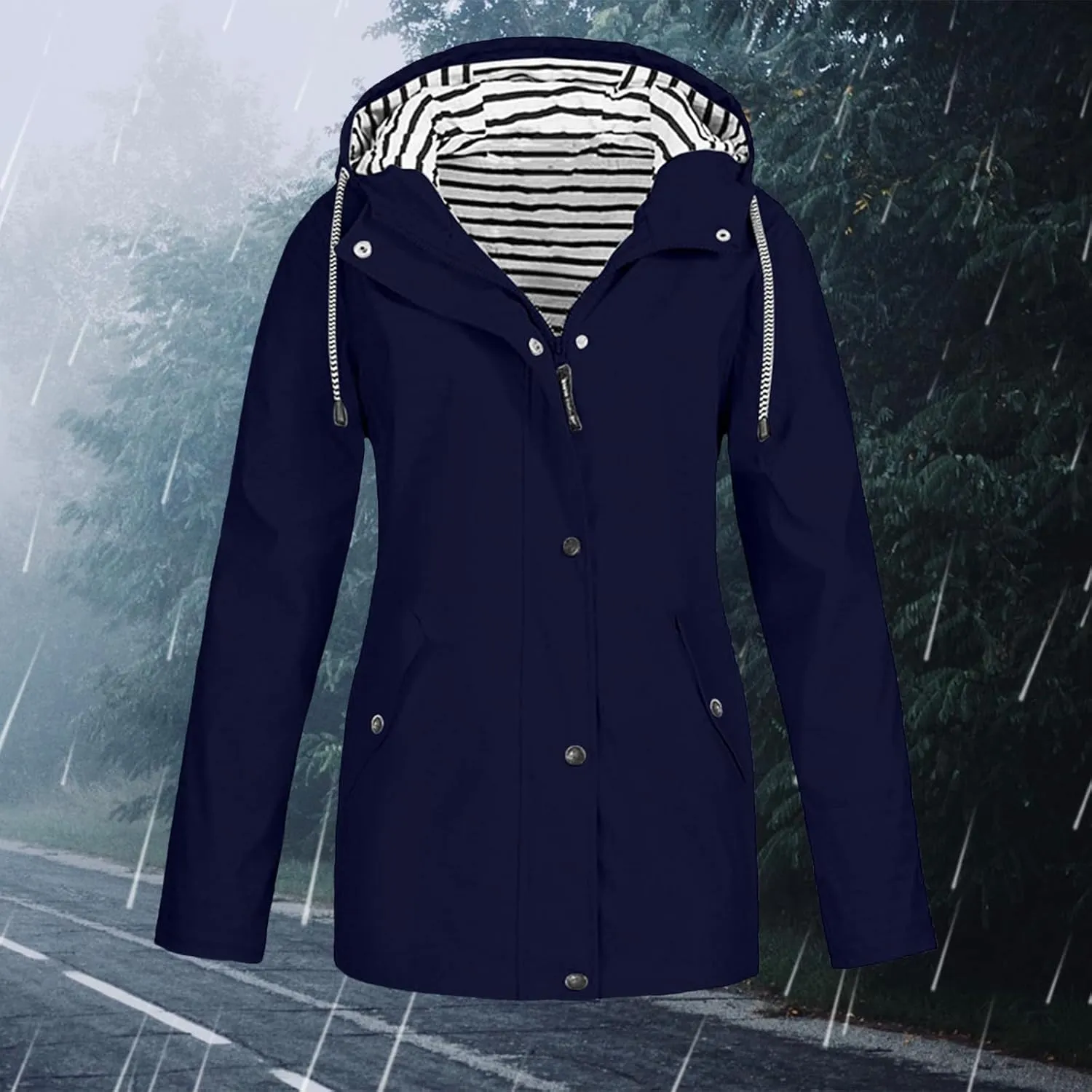 Womens Rain Jacket with Hood Raincoat Windbreaker Waterproof Long Hooded Trench Coats Spring Jackets for Women