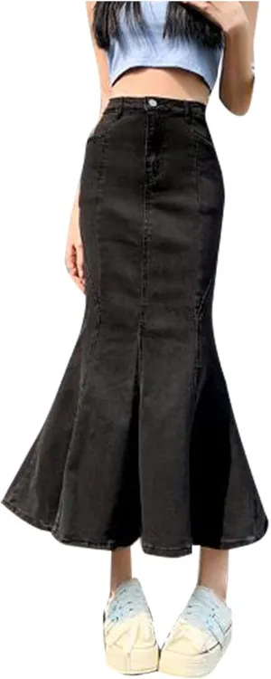 Women's Retro Exposure Button/Zipper-Fly Full Length A-Line Fishtail Maxi Long Washed Denim Jean Skirt Split Hem Skirts