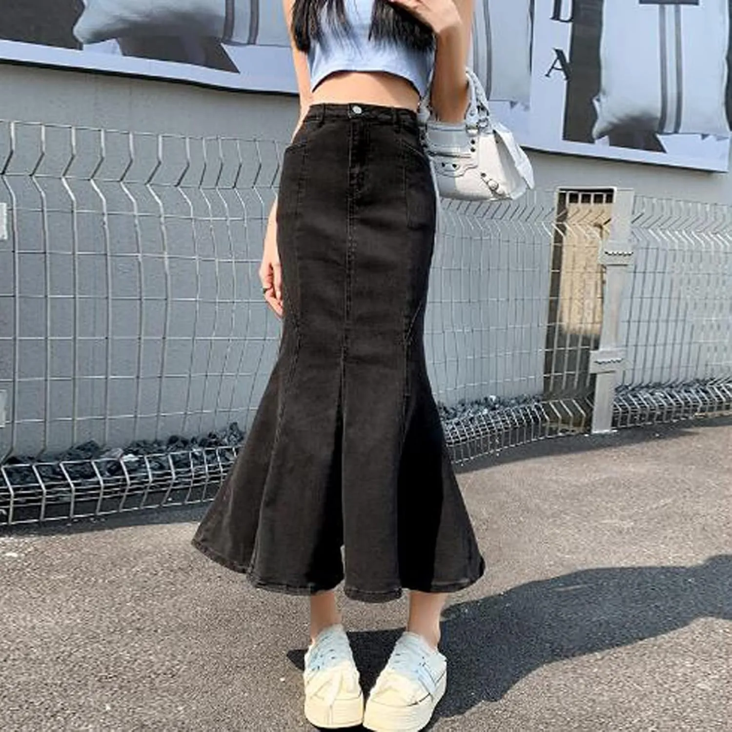 Women's Retro Exposure Button/Zipper-Fly Full Length A-Line Fishtail Maxi Long Washed Denim Jean Skirt Split Hem Skirts
