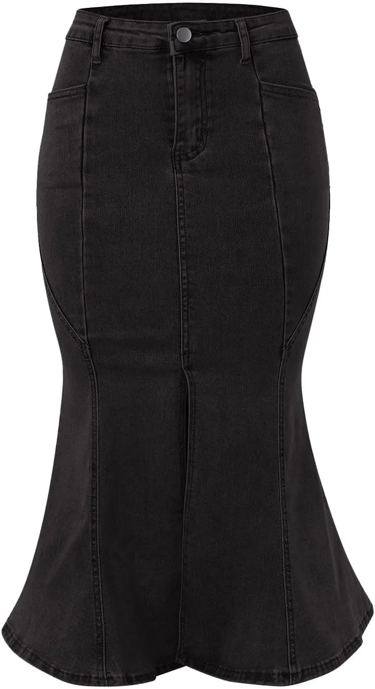 Women's Retro Exposure Button/Zipper-Fly Full Length A-Line Fishtail Maxi Long Washed Denim Jean Skirt Split Hem Skirts