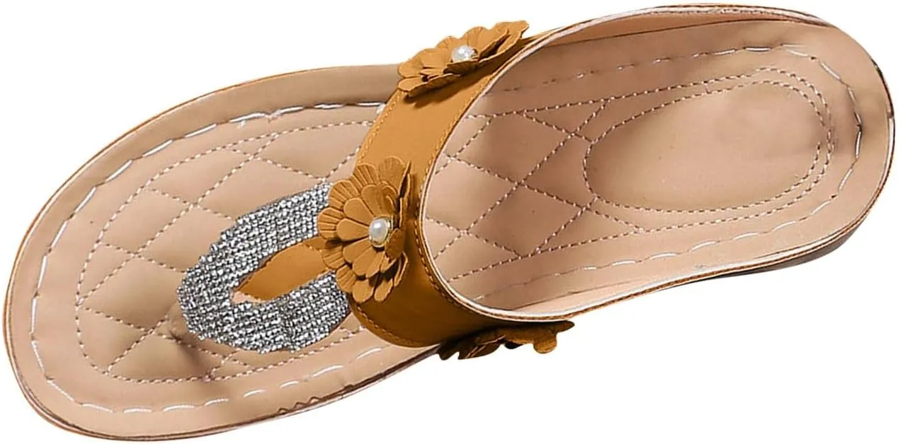 Womens Rhinestones Flip Flops Comfortable Arch Support Beach Sandal Low Wedge Thong Sandals Walking Non-Slip Slides