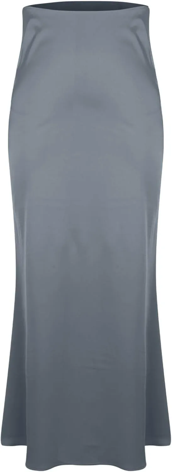 Women's Satin A-Line Midi Skirt High Waisted Zipper Flared Silk Skirts Trendy Elegant Cocktail Party Wedding Skirts