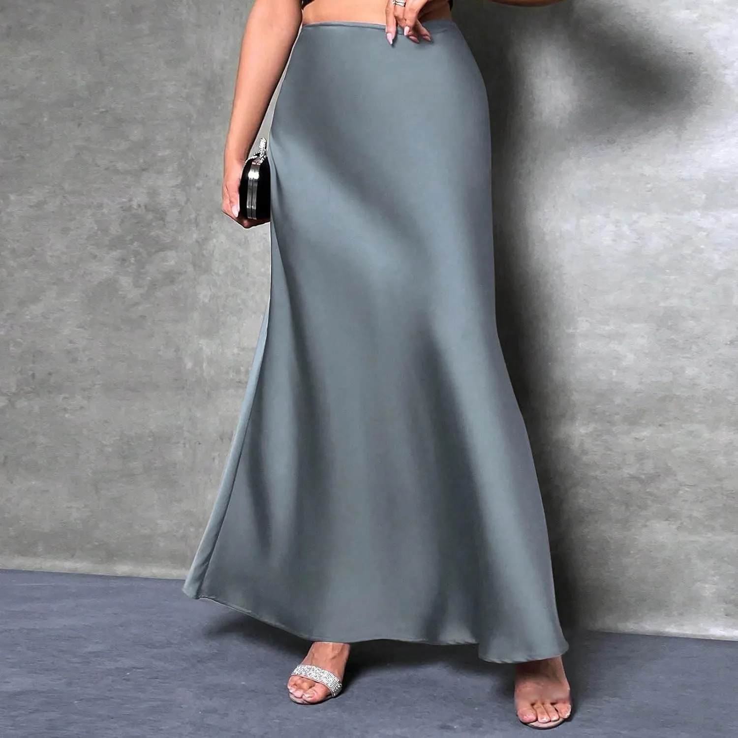 Women's Satin A-Line Midi Skirt High Waisted Zipper Flared Silk Skirts Trendy Elegant Cocktail Party Wedding Skirts