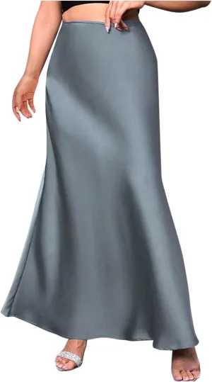 Women's Satin A-Line Midi Skirt High Waisted Zipper Flared Silk Skirts Trendy Elegant Cocktail Party Wedding Skirts