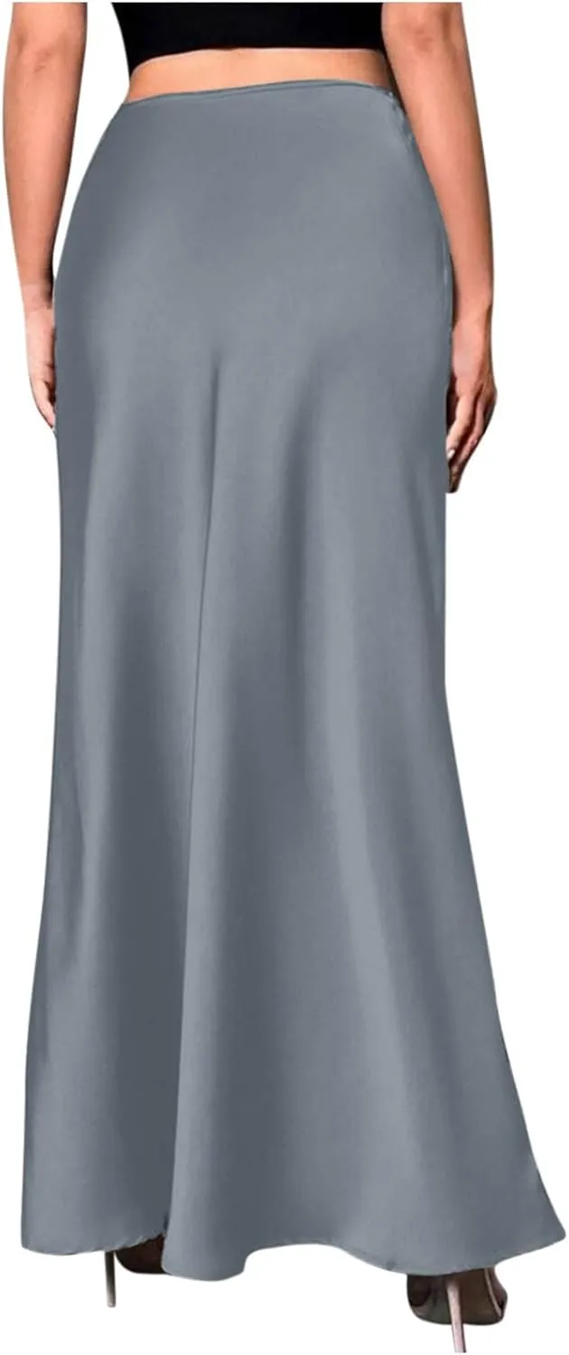Women's Satin A-Line Midi Skirt High Waisted Zipper Flared Silk Skirts Trendy Elegant Cocktail Party Wedding Skirts