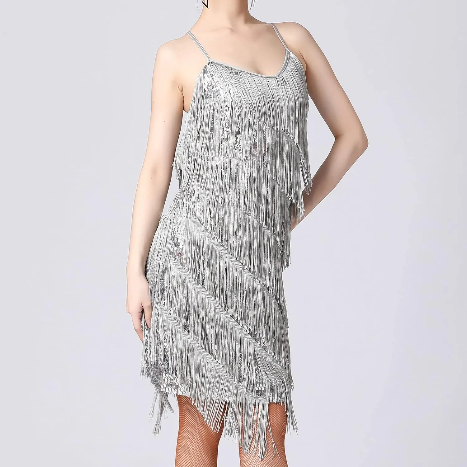 Womens Sequin Tassel Fringe Party Dress Sleeveless Sparkly Spaghetti Straps Flapper Dresses Cocktail Mini Dresses