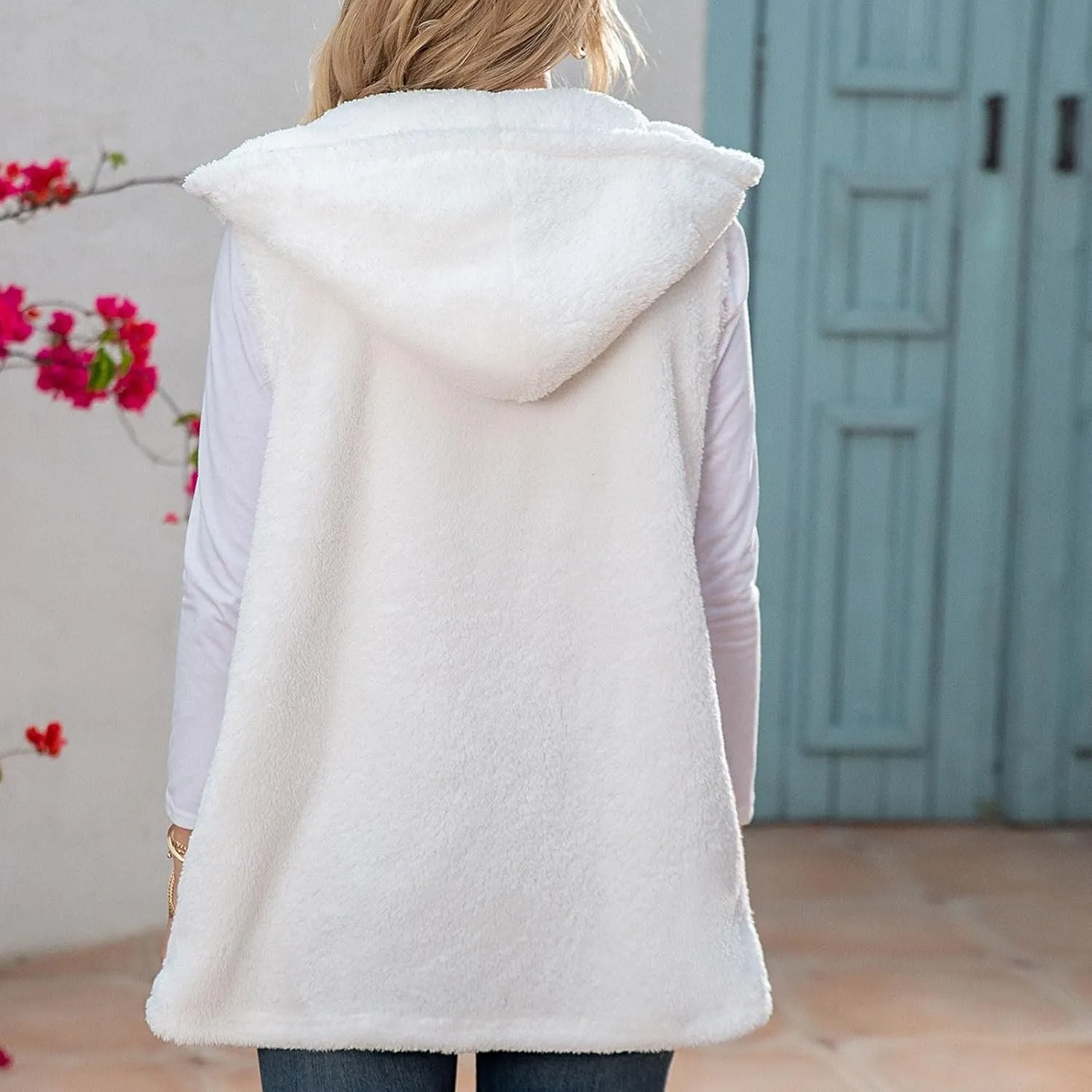 Womens Sherpa Vest Fuzzy Fleece Open Front Hooded Cardigan Sweater 2024 Fall Jacket Outwear Winter Coat with Pockets