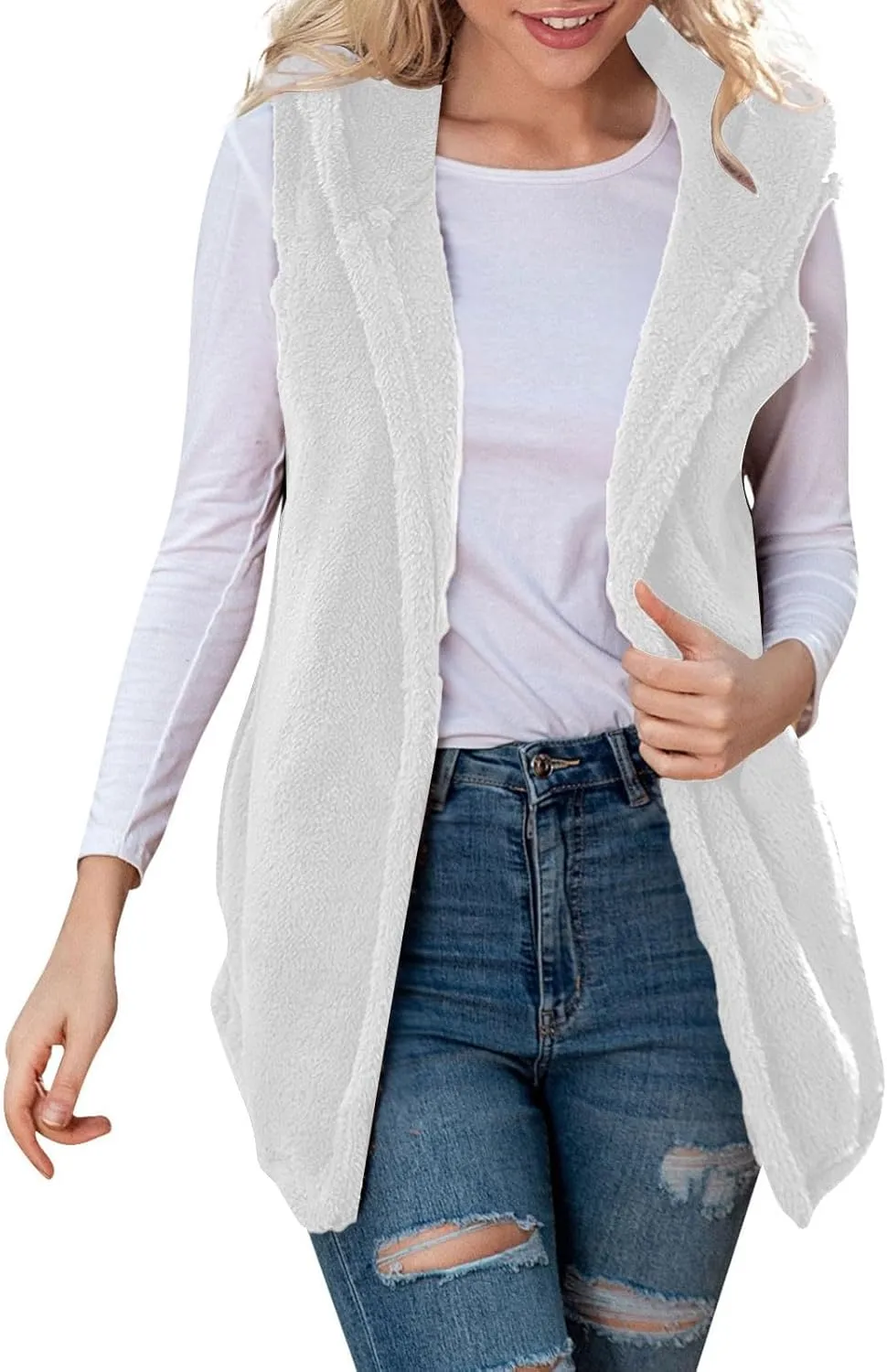 Womens Sherpa Vest Fuzzy Fleece Open Front Hooded Cardigan Sweater 2024 Fall Jacket Outwear Winter Coat with Pockets