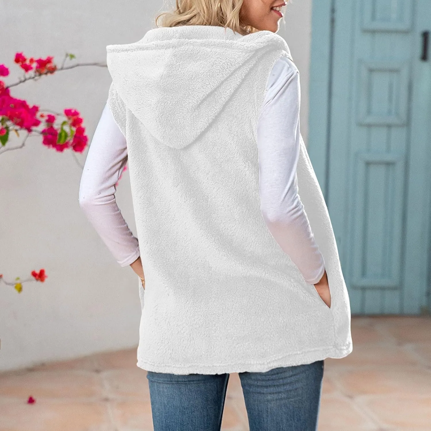 Womens Sherpa Vest Fuzzy Fleece Open Front Hooded Cardigan Sweater 2024 Fall Jacket Outwear Winter Coat with Pockets