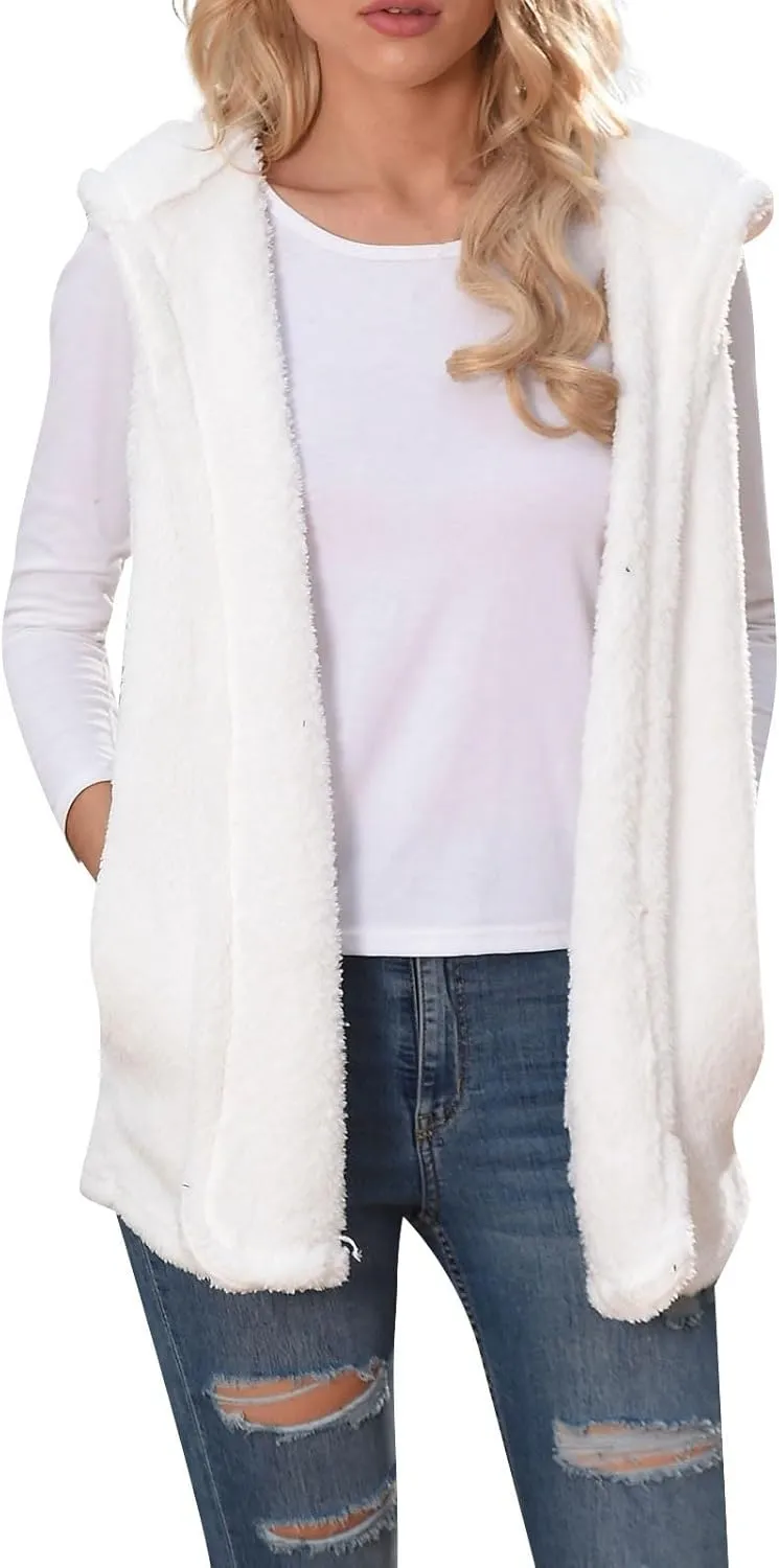 Womens Sherpa Vest Fuzzy Fleece Open Front Hooded Cardigan Sweater 2024 Fall Jacket Outwear Winter Coat with Pockets
