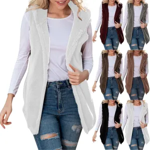 Womens Sherpa Vest Fuzzy Fleece Open Front Hooded Cardigan Sweater 2024 Fall Jacket Outwear Winter Coat with Pockets