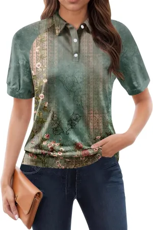 Womens Shirts Casual Short Sleeve Work Outfits Summer Tops Trendy Floral Print Blouses Lapel Collared