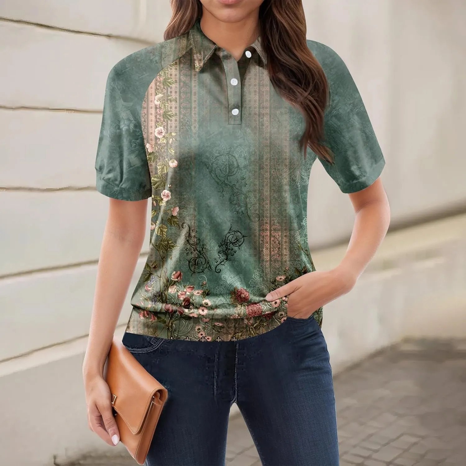 Womens Shirts Casual Short Sleeve Work Outfits Summer Tops Trendy Floral Print Blouses Lapel Collared