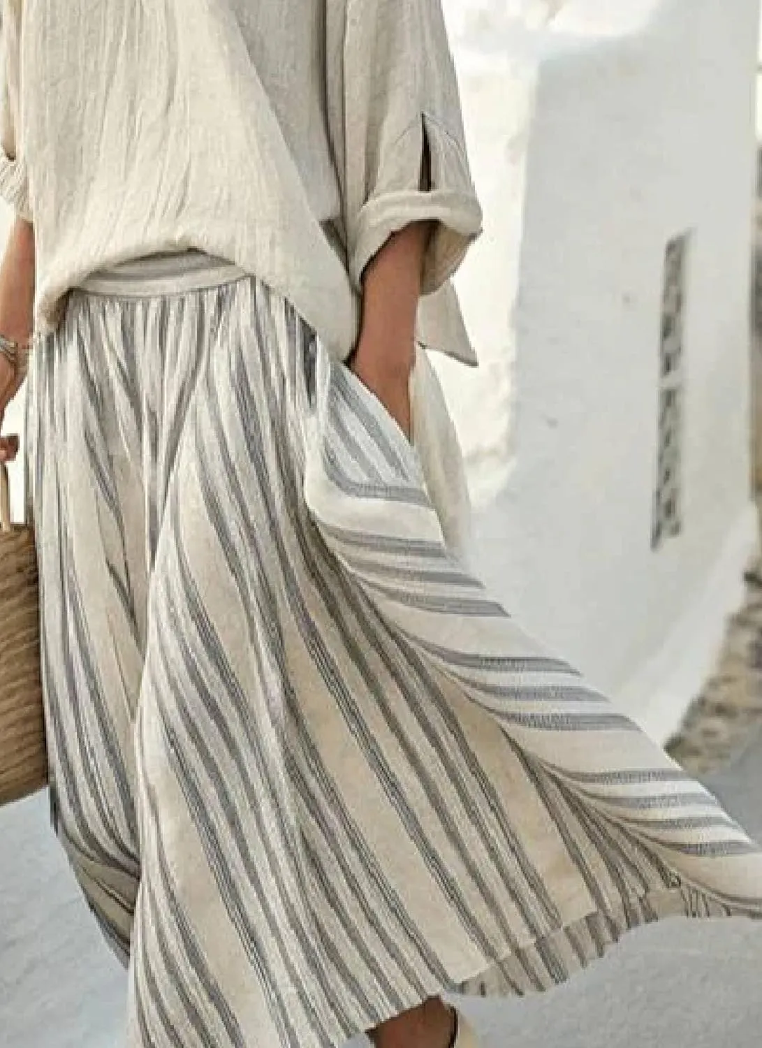 Women's Skirt Sets 2025 Summer Crewneck Long Sleeve Top Elastic Waist Striped Maxi Dress Two Piece Sets with Pockets