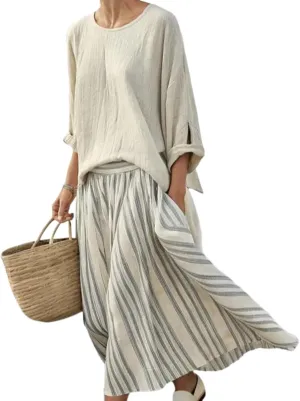 Women's Skirt Sets 2025 Summer Crewneck Long Sleeve Top Elastic Waist Striped Maxi Dress Two Piece Sets with Pockets