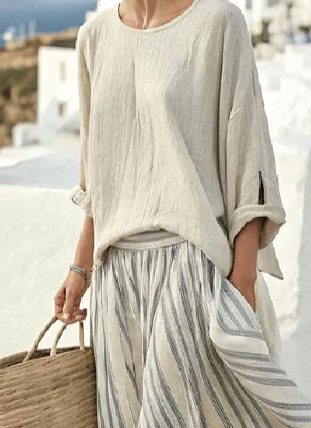 Women's Skirt Sets 2025 Summer Crewneck Long Sleeve Top Elastic Waist Striped Maxi Dress Two Piece Sets with Pockets