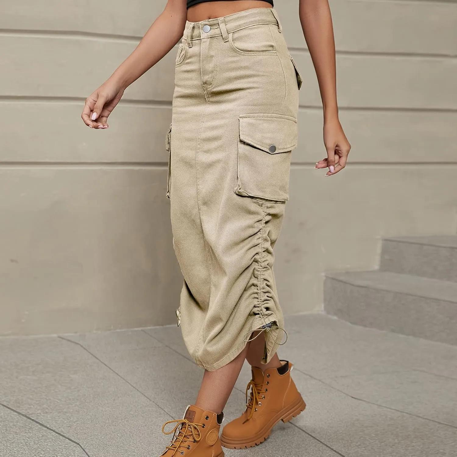 Womens Skirts Summer Trendy Cargo Skirt with Pocket, Button Zipper Elastic High Waist Cargo Long Midi Skirts
