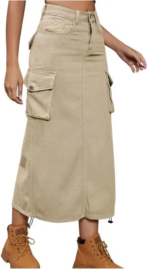 Womens Skirts Summer Trendy Cargo Skirt with Pocket, Button Zipper Elastic High Waist Cargo Long Midi Skirts