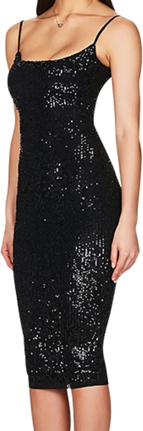 Women's Sleeveless Sequin Dress Spaghetti Strap Slim Wrap Dresses Sparkle Cocktail Party Bodycon A Line Midi Dress