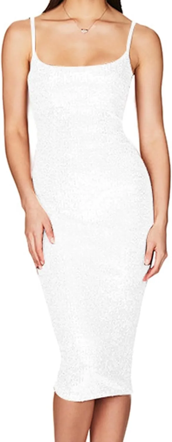 Women's Sleeveless Sequin Dress Spaghetti Strap Slim Wrap Dresses Sparkle Cocktail Party Bodycon A Line Midi Dress