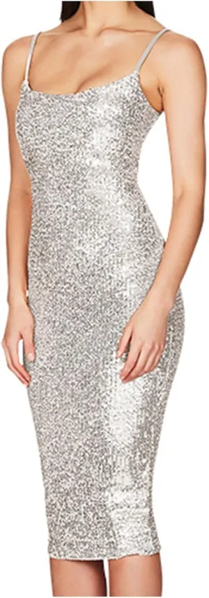 Women's Sleeveless Sequin Dress Spaghetti Strap Slim Wrap Dresses Sparkle Cocktail Party Bodycon A Line Midi Dress