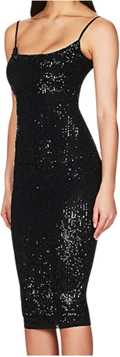 Women's Sleeveless Sequin Dress Spaghetti Strap Slim Wrap Dresses Sparkle Cocktail Party Bodycon A Line Midi Dress