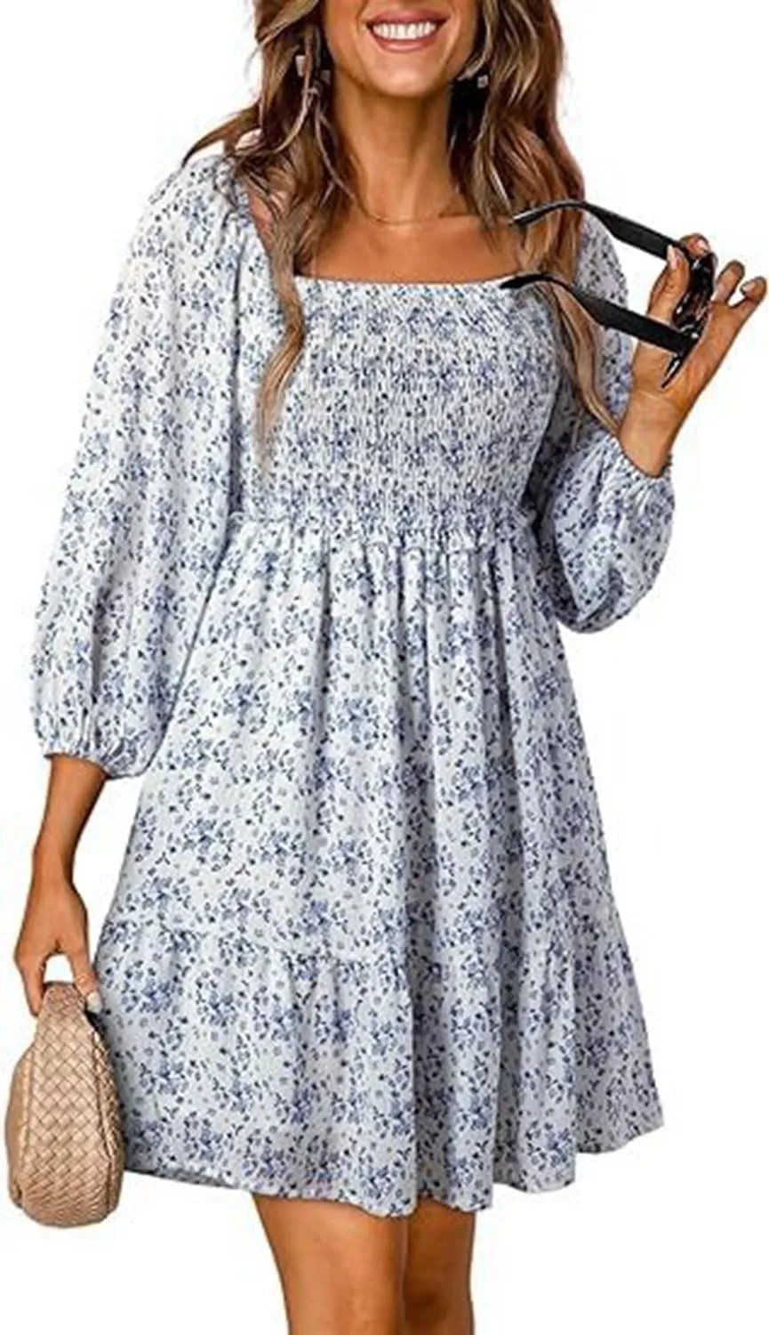 Women's Square Neck Short Sumemr Dress Long Sleeve Ruffle Ruched dersses for Women Casual 2024 Floral Aline Mini Dress