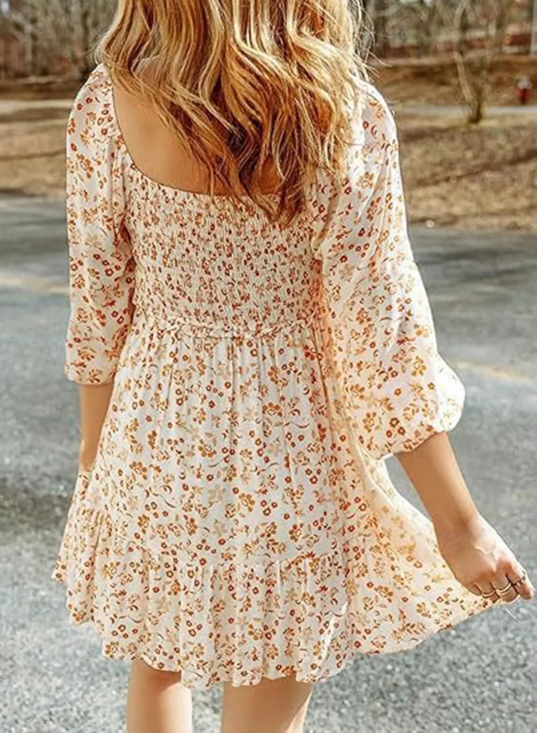 Women's Square Neck Short Sumemr Dress Long Sleeve Ruffle Ruched dersses for Women Casual 2024 Floral Aline Mini Dress