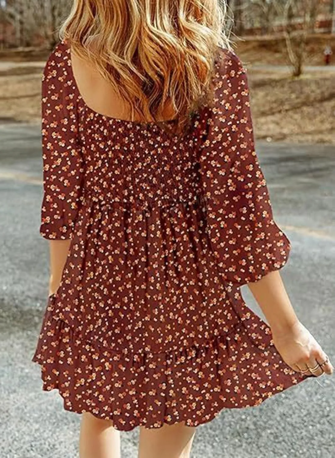 Women's Square Neck Short Sumemr Dress Long Sleeve Ruffle Ruched dersses for Women Casual 2024 Floral Aline Mini Dress