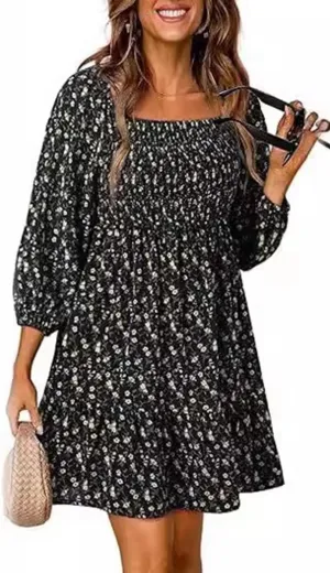 Women's Square Neck Short Sumemr Dress Long Sleeve Ruffle Ruched dersses for Women Casual 2024 Floral Aline Mini Dress