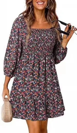 Women's Square Neck Short Sumemr Dress Long Sleeve Ruffle Ruched dersses for Women Casual 2024 Floral Aline Mini Dress